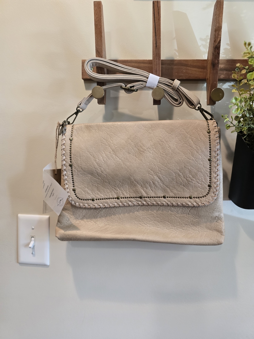 Beige Whipstitch Crossbody Bag with Adjustable Strap